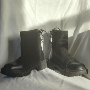 Women's Black Chunky Chelsea Lace-Back Ankle Boots